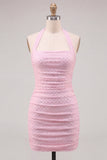 Halter Neck Pink Bodycon Ruched Short Homecoming Dress with Beading