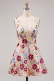 Fuchsia Flower V-Neck Sequins A-Line Short Homecoming Dress
