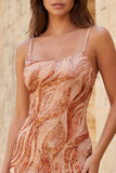Orange Bodycon Spaghetti Straps Sequins Short Homecoming Dress with Lace Up Back