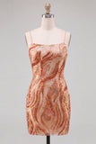 Orange Bodycon Spaghetti Straps Sequins Short Homecoming Dress with Lace Up Back