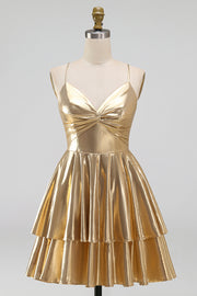 Gold A-Line Metallic Tiered Spaghetti Straps Short Homecoming Dress