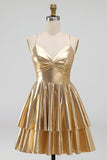 Gold A-Line Metallic Tiered Spaghetti Straps Short Homecoming Dress
