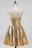 Gold A-Line Metallic Tiered Spaghetti Straps Short Homecoming Dress
