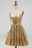 Gold A-Line Metallic Tiered Spaghetti Straps Short Homecoming Dress