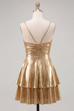 Gold A-Line Metallic Tiered Spaghetti Straps Short Homecoming Dress