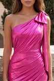 Red One Shoulder Metallic Ruched Asymmetrical Short Homecoming Dress with Bow