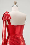 Red One Shoulder Metallic Ruched Asymmetrical Short Homecoming Dress with Bow