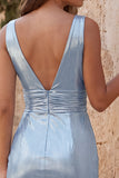Metallic Sky Blue V-Neck Ruched Tight Short Homecoming Dress