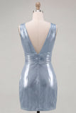 Metallic Sky Blue V-Neck Ruched Tight Short Homecoming Dress