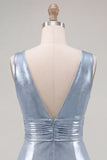 Metallic Sky Blue V-Neck Ruched Tight Short Homecoming Dress