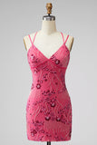 Fuchsia Bodycon Lace Up Back Floral Short Homecoming Dress with Sequins