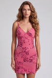 Fuchsia Bodycon Lace Up Back Floral Short Homecoming Dress with Sequins