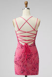Fuchsia Bodycon Lace Up Back Floral Short Homecoming Dress with Sequins
