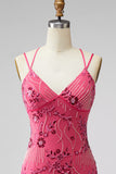 Fuchsia Bodycon Lace Up Back Floral Short Homecoming Dress with Sequins