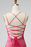 Fuchsia Bodycon Lace Up Back Floral Short Homecoming Dress with Sequins