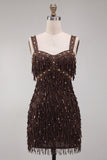 Brown Bodycon Sequins Fringed Short Homecoming Dress with Pearls