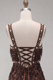 Brown Bodycon Sequins Fringed Short Homecoming Dress with Pearls