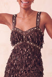 Brown Bodycon Sequins Fringed Short Homecoming Dress with Pearls