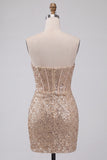 Sparkly Champagne Strapless Bodycon Sequins Corset Short Homecoming Dress with Sash