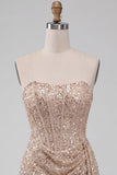 Sparkly Champagne Strapless Bodycon Sequins Corset Short Homecoming Dress with Sash