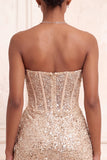Sparkly Champagne Strapless Bodycon Sequins Corset Short Homecoming Dress with Sash