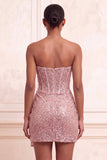 Sparkly Champagne Strapless Bodycon Sequins Corset Short Homecoming Dress with Sash