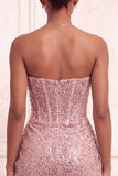 Sparkly Champagne Strapless Bodycon Sequins Corset Short Homecoming Dress with Sash