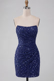 Sparkly Strapless Navy Bodycon Short Sequin Homecoming Dress
