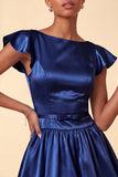 Sky Blue A-Line Satin Bateau Neck Short Homecoming Dress with Cap Sleeves