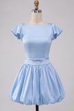 Sky Blue A-Line Satin Bateau Neck Short Homecoming Dress with Cap Sleeves