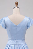 Sky Blue A-Line Satin Bateau Neck Short Homecoming Dress with Cap Sleeves