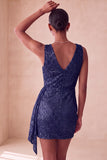Sparkly Pink Bodycon Round Neck Sequins Ruched Short Homecoming Dress with Sash