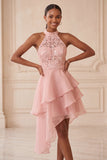 Halter Sky Blue Tiered A-Line Asymmetrical Short Homecoming Dress with Sequins