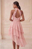 Halter Sky Blue Tiered A-Line Asymmetrical Short Homecoming Dress with Sequins