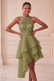 Halter Sky Blue Tiered A-Line Asymmetrical Short Homecoming Dress with Sequins