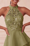 Halter Sky Blue Tiered A-Line Asymmetrical Short Homecoming Dress with Sequins
