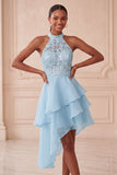Halter Sky Blue Tiered A-Line Asymmetrical Short Homecoming Dress with Sequins