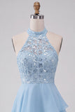 Halter Sky Blue Tiered A-Line Asymmetrical Short Homecoming Dress with Sequins