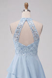 Halter Sky Blue Tiered A-Line Asymmetrical Short Homecoming Dress with Sequins