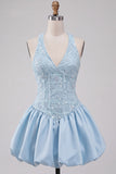 Sky Blue A-Line V-Neck Short Homecoming Dress