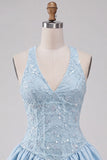 Sky Blue A-Line V-Neck Short Homecoming Dress