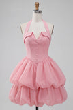 Pink Halter Neck Ruffled A-Line Short Homecoming Dress