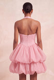Pink Halter Neck Ruffled A-Line Short Homecoming Dress