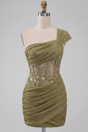 One Shoulder Olive Sheer Corset Ruched Short Homecoming Dress with Lace Up Back