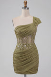 One Shoulder Olive Sheer Corset Ruched Short Homecoming Dress with Lace Up Back