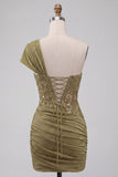 One Shoulder Olive Sheer Corset Ruched Short Homecoming Dress with Lace Up Back