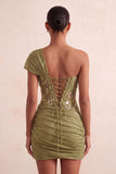 One Shoulder Olive Sheer Corset Ruched Short Homecoming Dress with Lace Up Back