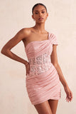 One Shoulder Olive Sheer Corset Ruched Short Homecoming Dress with Lace Up Back