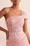 One Shoulder Olive Sheer Corset Ruched Short Homecoming Dress with Lace Up Back