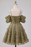 Olive Cold Shoulder Sequins A-Line Short Homecoming Dress with Lace Up Back